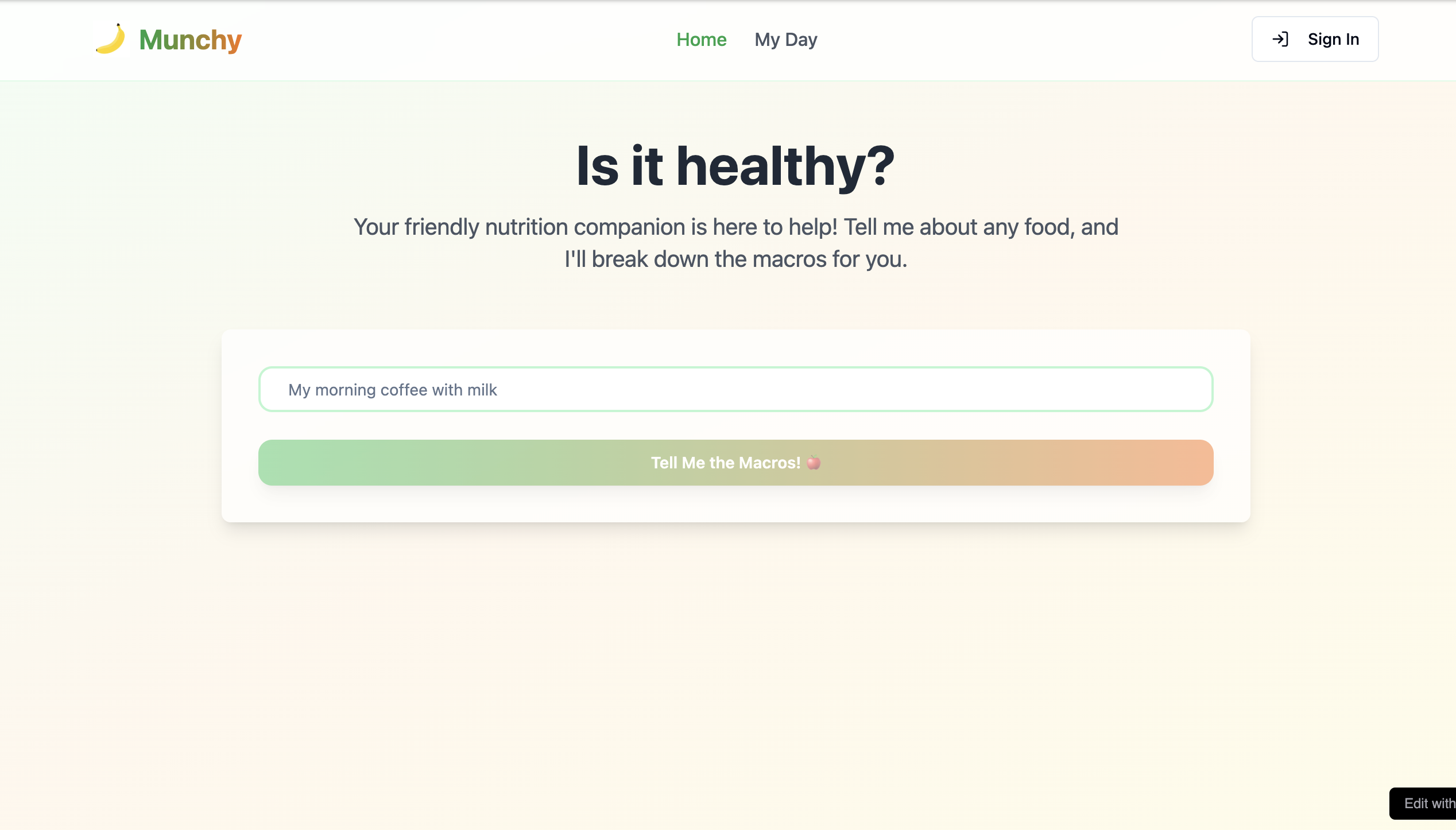 A snapshot of the Munchycalories.com website
